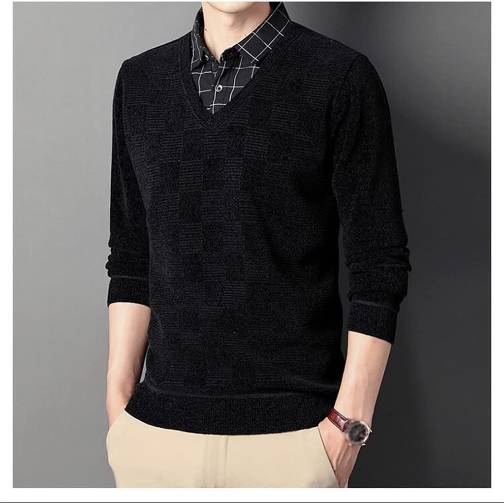 Gerrit 冬フェイク二枚メンズセーターシャツ襟ニットシャツユーススリム紳士服プラスベルベット肥厚 (Color : A, Siz