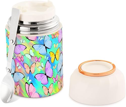 Blue Purple Butterfly Food Jar with Spoon Stainless Steel Vacuum Insulated Food Container 17 oz Food Flask for Hot Food