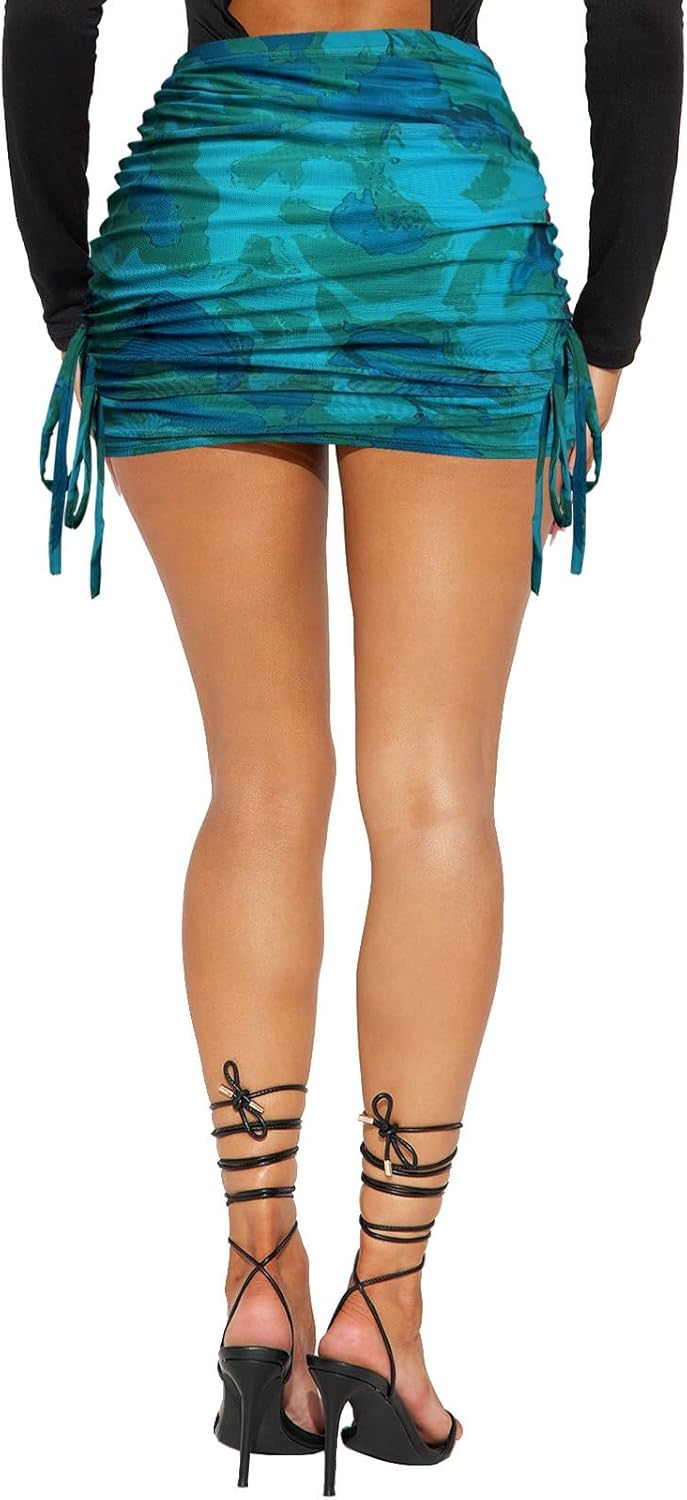 HESUUIO Women's Sexy Mesh Mini Skirt Side Drawstring Ruched Bodycon Summer Short Skorts - Image 3
