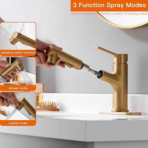 Miniatura 6 de Grifo de lavabo de baño de oro cepillado con rociador extraíble de una sola manija, grifo moderno de latón macizo para fregadero de baño, placa de