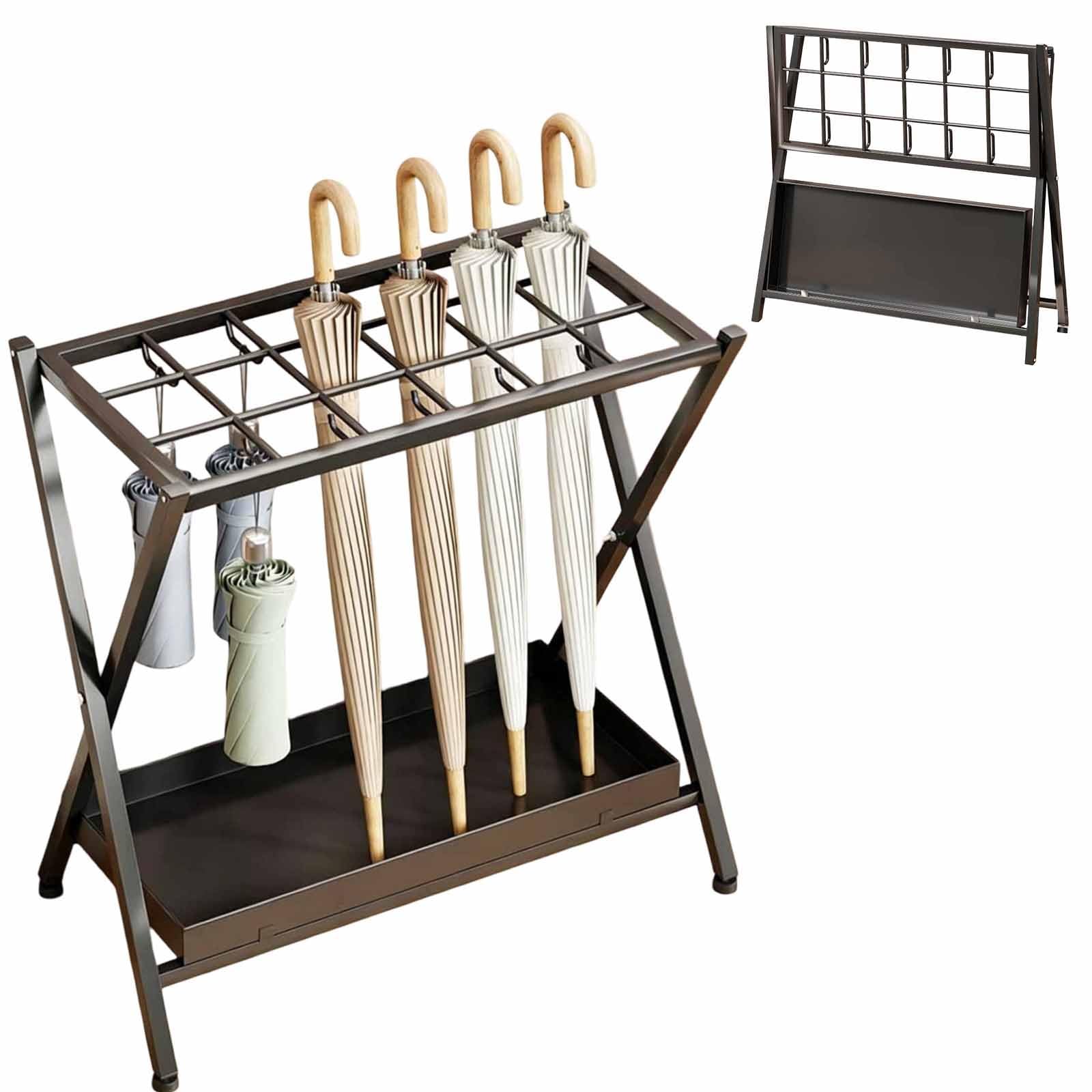 Asiwnshw Umbrella Stand, Foldable Umbrella Rack Organizer Freestanding, Cane Rack Walking Stick Stand, Umbrella Container with Drip Tray for Entryway, Mudrooms, Office(Black)