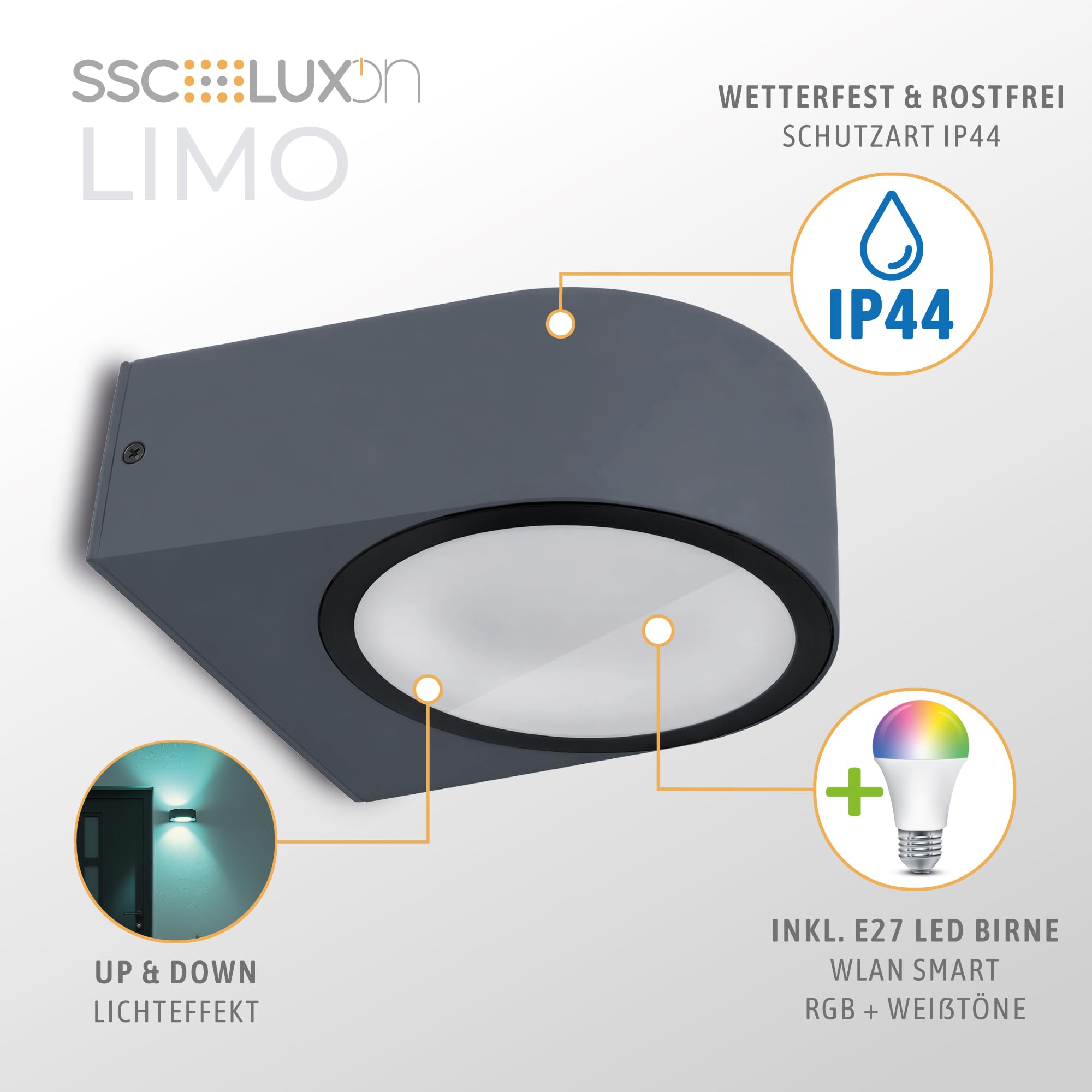 SSC-LUXon 2 Stück LIMO Wandleuchte Außen Smart anthrazit IP44 mit LED Smart RGB CCT E27 dimmbar – Wandlampe Up Down für Hauswand & Balkon