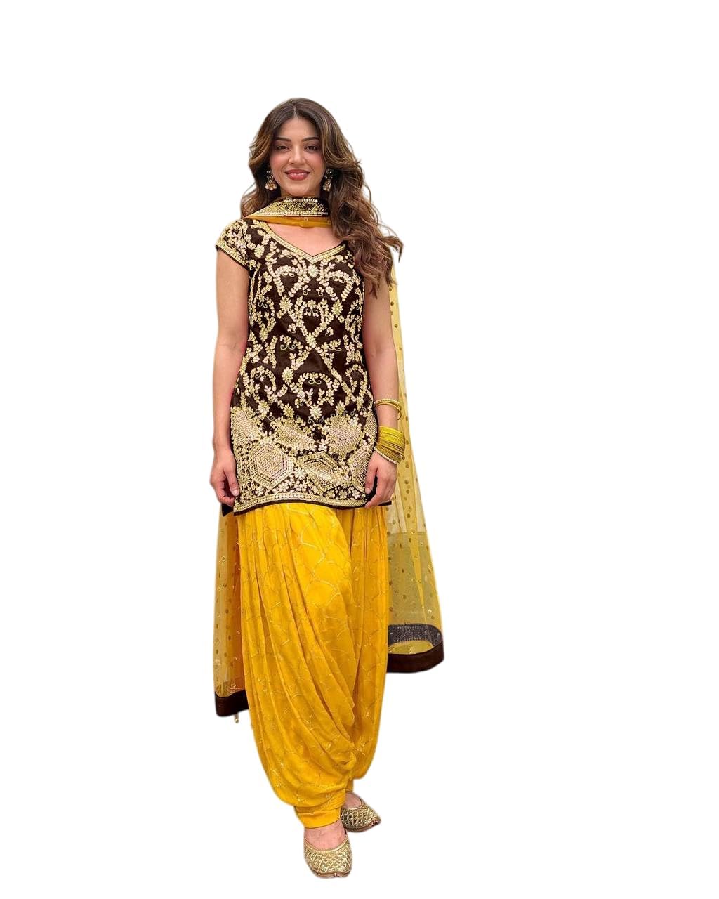chinese dress ladies Patiala Suit Georgette Yellow Embroidered Salwar Kameez – Kajols main image 1