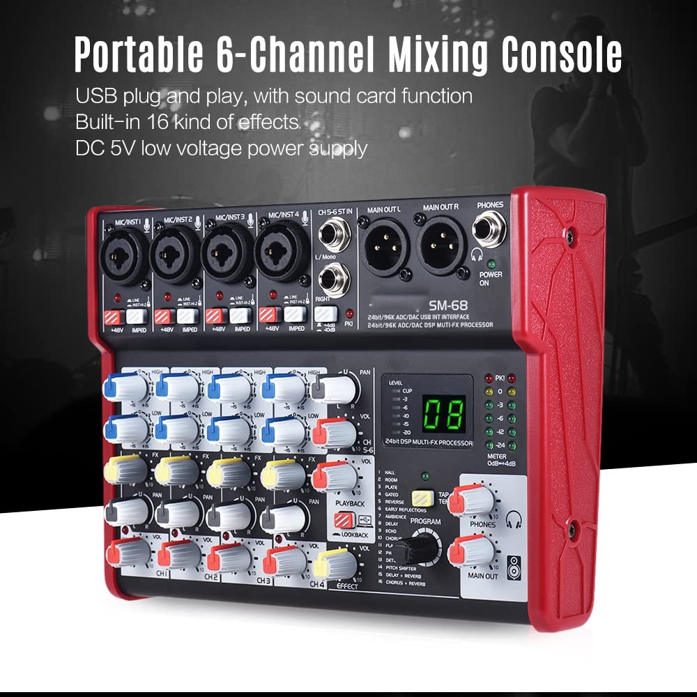 SM-68 - Consola mezcladora de tarjeta de sonido digital de 6 canales incorporada con 16 efectos con interfaz de audio USB