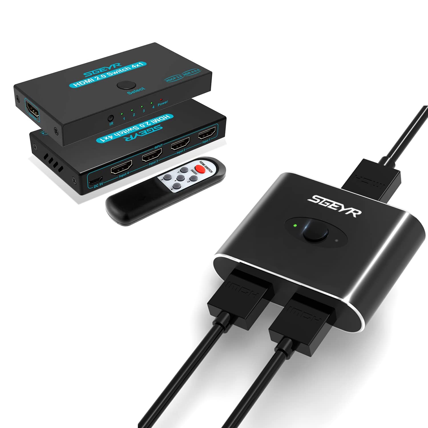 SGEYR HDMI 2.0 Switch 4 Port+HDMI 2.0 Bi-Directional Switch 2 in 1 Out HDMI Splitter 1 in 2 Out (Only one Monitor Will Display at a time)