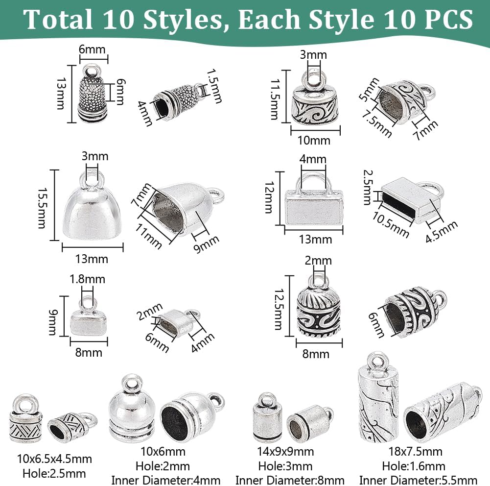 PandaHall 100pcs Cord Ends Caps, 10 Styles Tibetan Alloy Leather Cap Glue in Barrel End Caps Antique Silver Tube Crimp Beads End Caps Thread Ends for Kumihimo Jewelry Making Bracelet Necklace 4~10mm