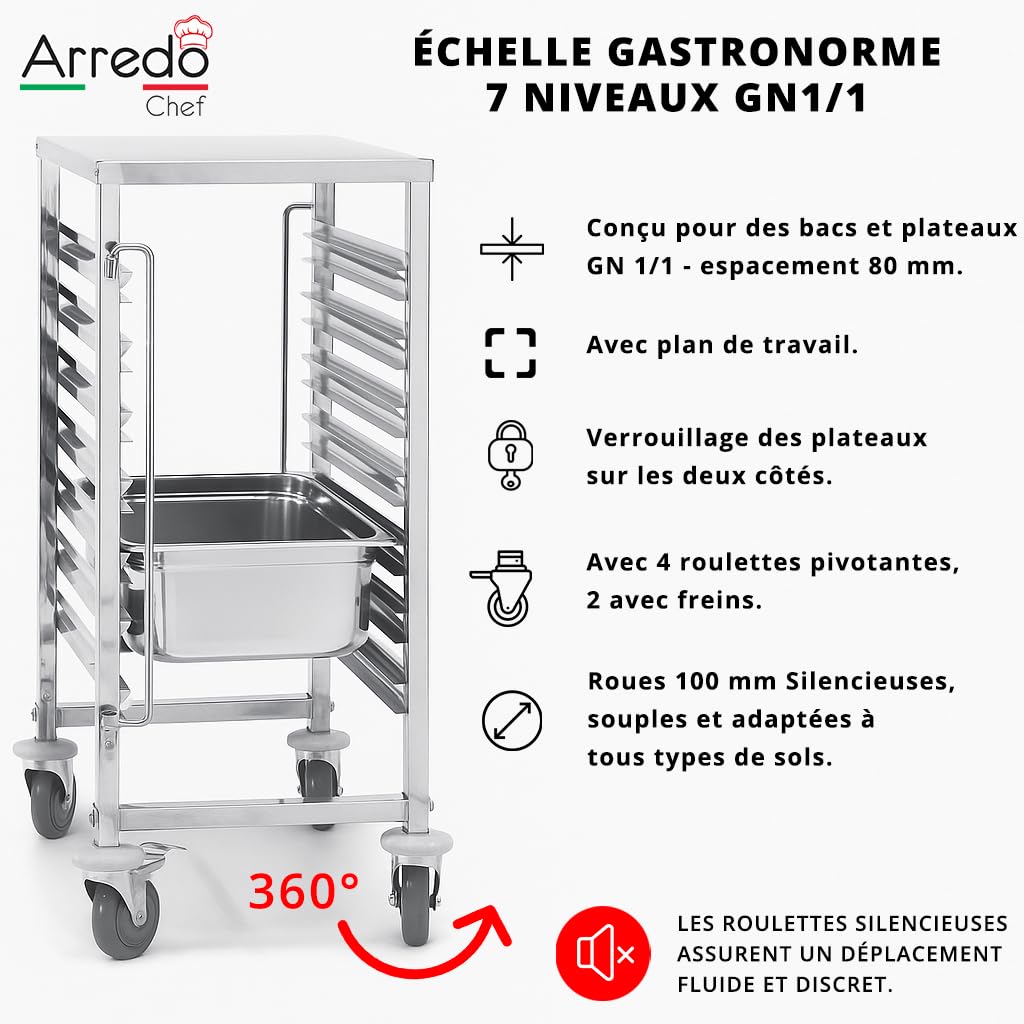 Chariot GN 1/1 – Échelle Porte-Plateaux 7 Niveaux en Acier INOX – pour Cuisine Professionnelle, Boulangerie, Restaurant, Collectivité – roulettes Pivotantes avec Freins