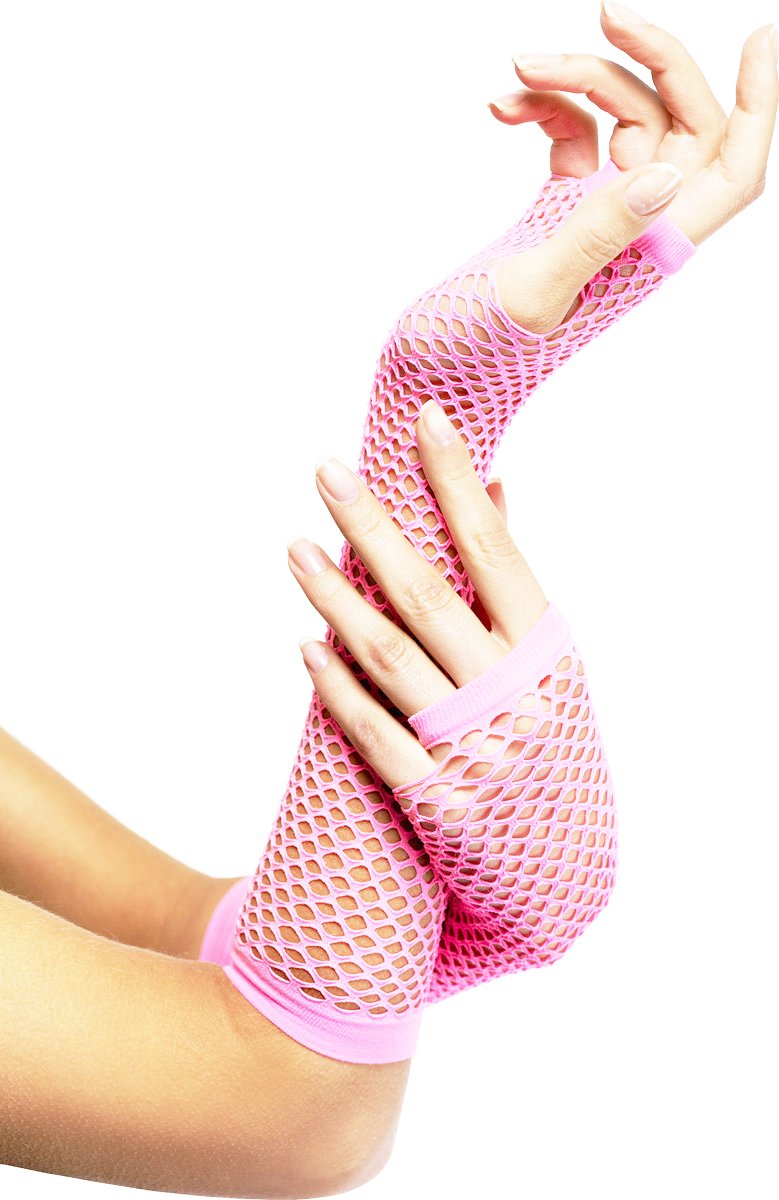 Komonee Women's Baby Pink Fishnet Gloves Long Fingerless Arm Warmers, Elbow Length Mesh Sleeves For Stretchy Sheer Opera Style For Rave Cosplay Halloween 80S Costume, One Size