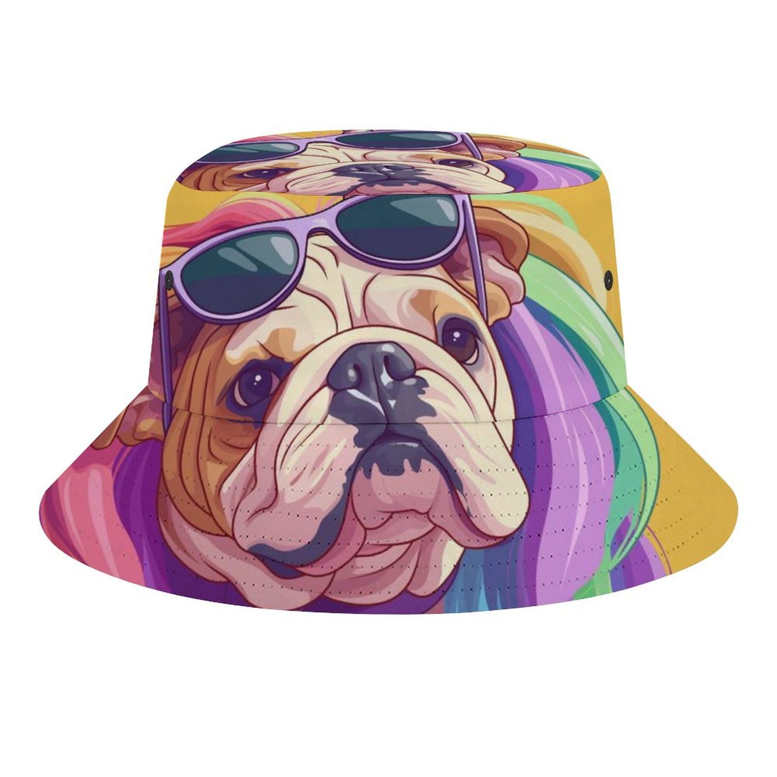 WOJFASSS Bucket Hats Puppy Bulldog Rainbow Hair Fisherman Hat Sun Cap Travel Summer Beach Hat