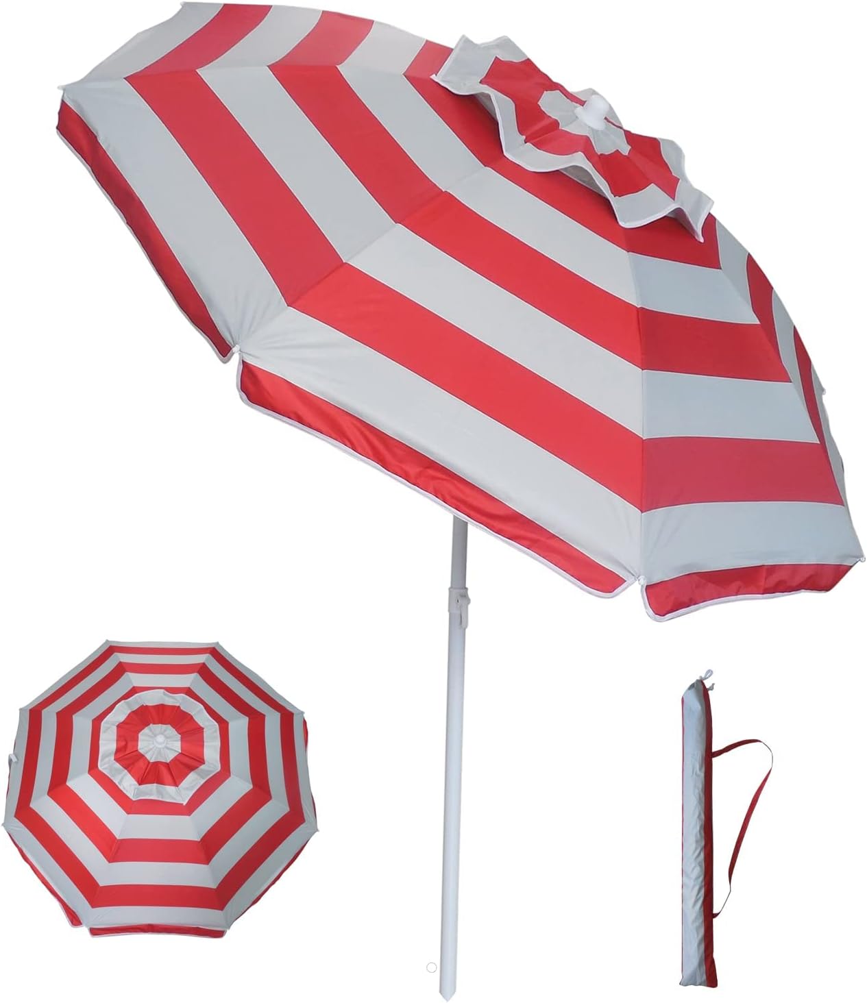 YATIO 6ft Beach Umbrella Sun Shelter with Tilt, Fiberglass Ribs, Telescopic Pole, Windproof Canopy, Carry Bag-Red Stripe