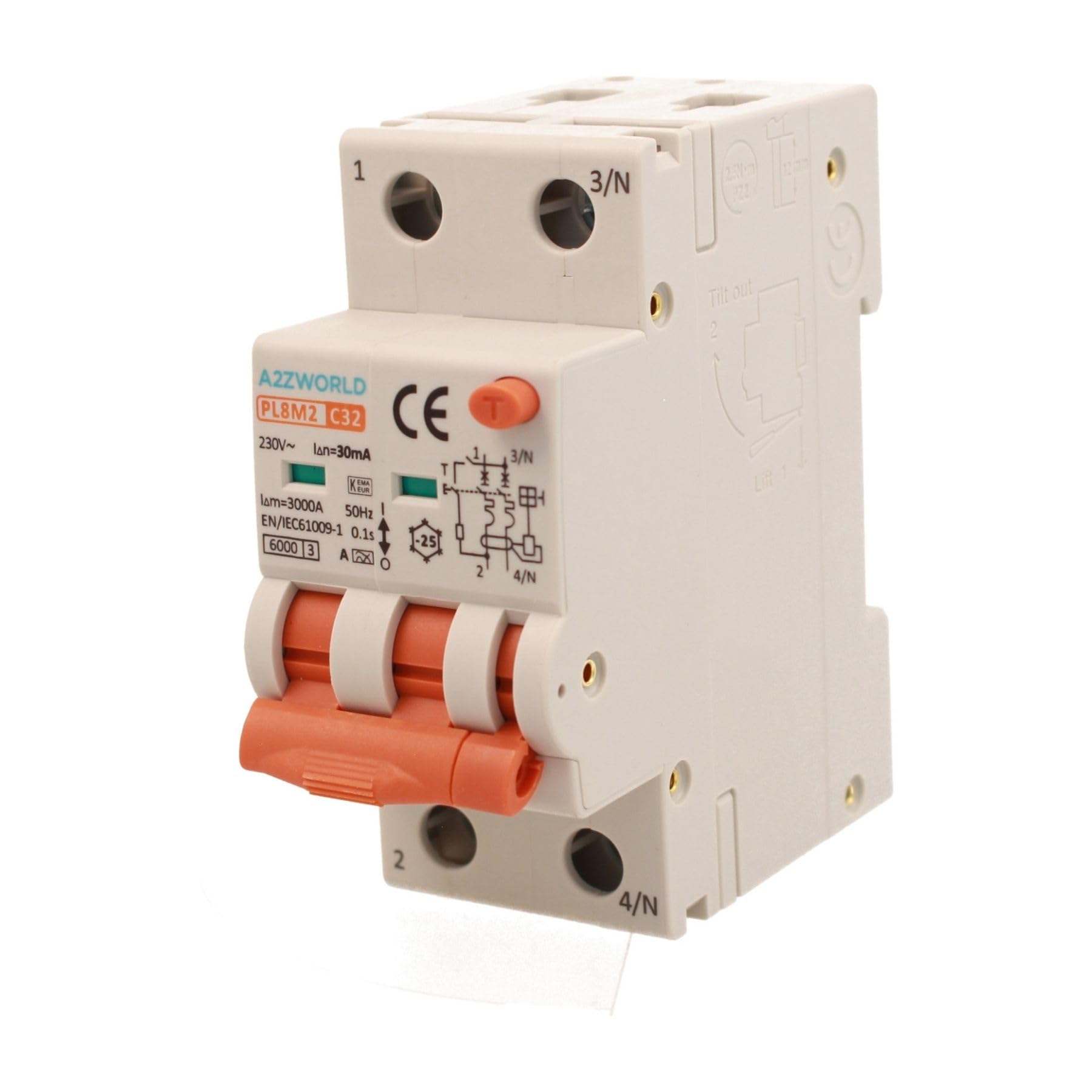 Interrupteur différentiel magnétothermique type A 32 A C32, bipolaire 2P vrai (NO 1P+N), courbe C 6 kA 30 mA, double levier avec diagnostic visuel, 2 modules DIN, série PL8M2