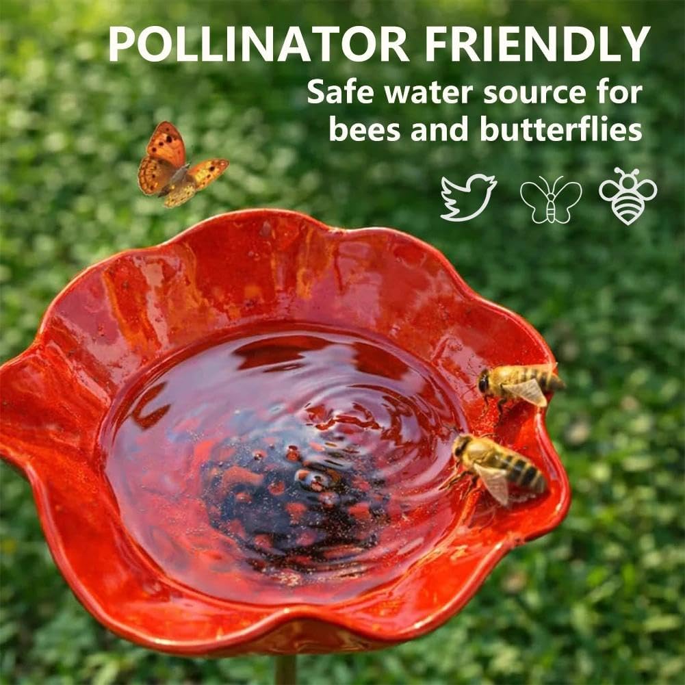 Metal Flower Garden Stakes with Bee Bath & Bird Water Bowl,Ollinator Watering Station,Hummingbird Bath Cup for Outdoor Yard Decor (2PC-RED)