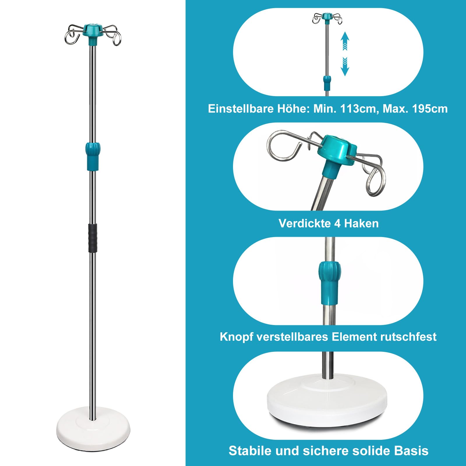 Support à perfusion réglable en hauteur de 113 à 195 cm, avec 4 crochets et base robuste, kit de perfusion médical, portable, porte-perfusion avec porte-perfusion amovible