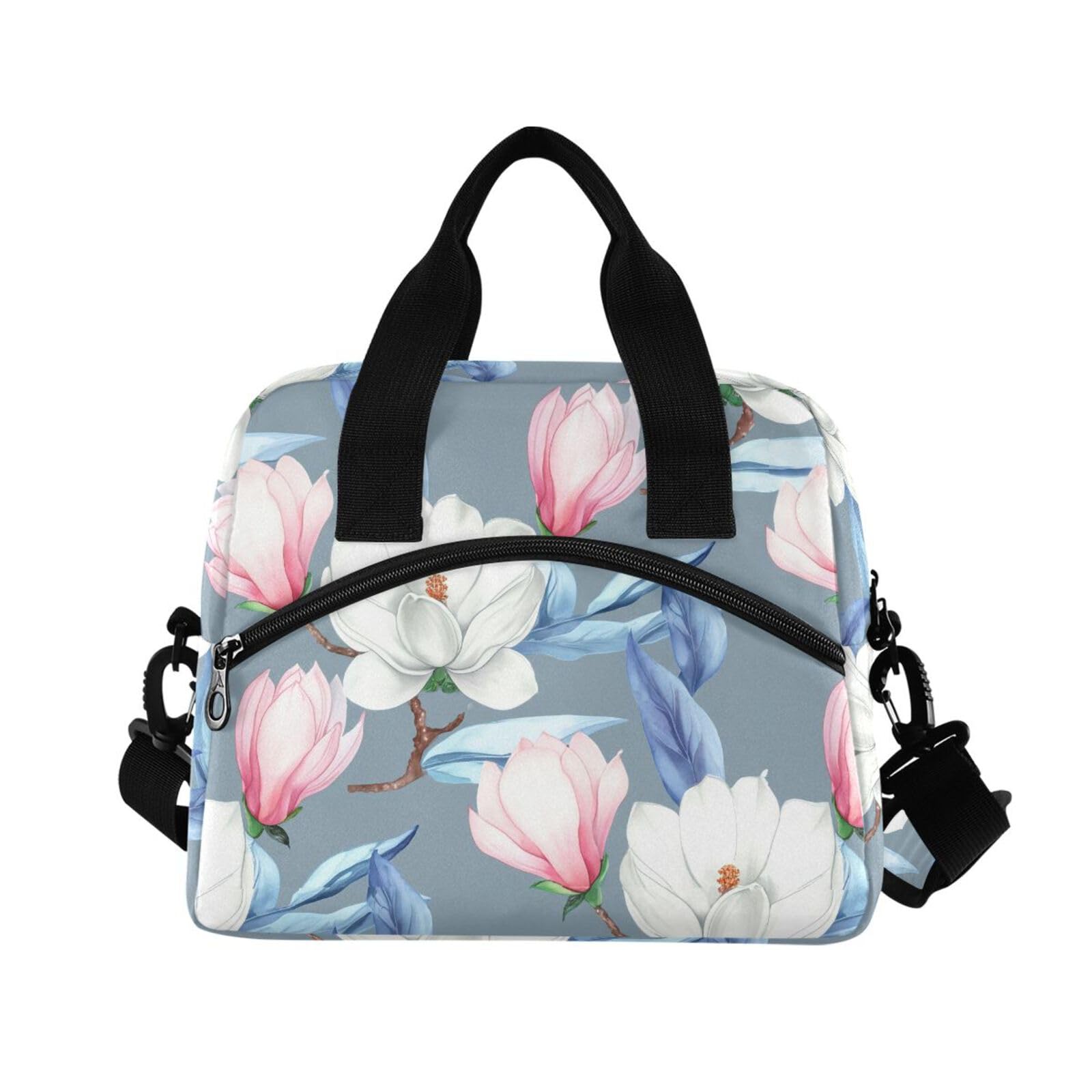 Sinestour Insulated Lunch Bag Reusable Cooler Magnolia Blossom White Lunch Box Adjustable Shoulder Strap for School Office Picnic