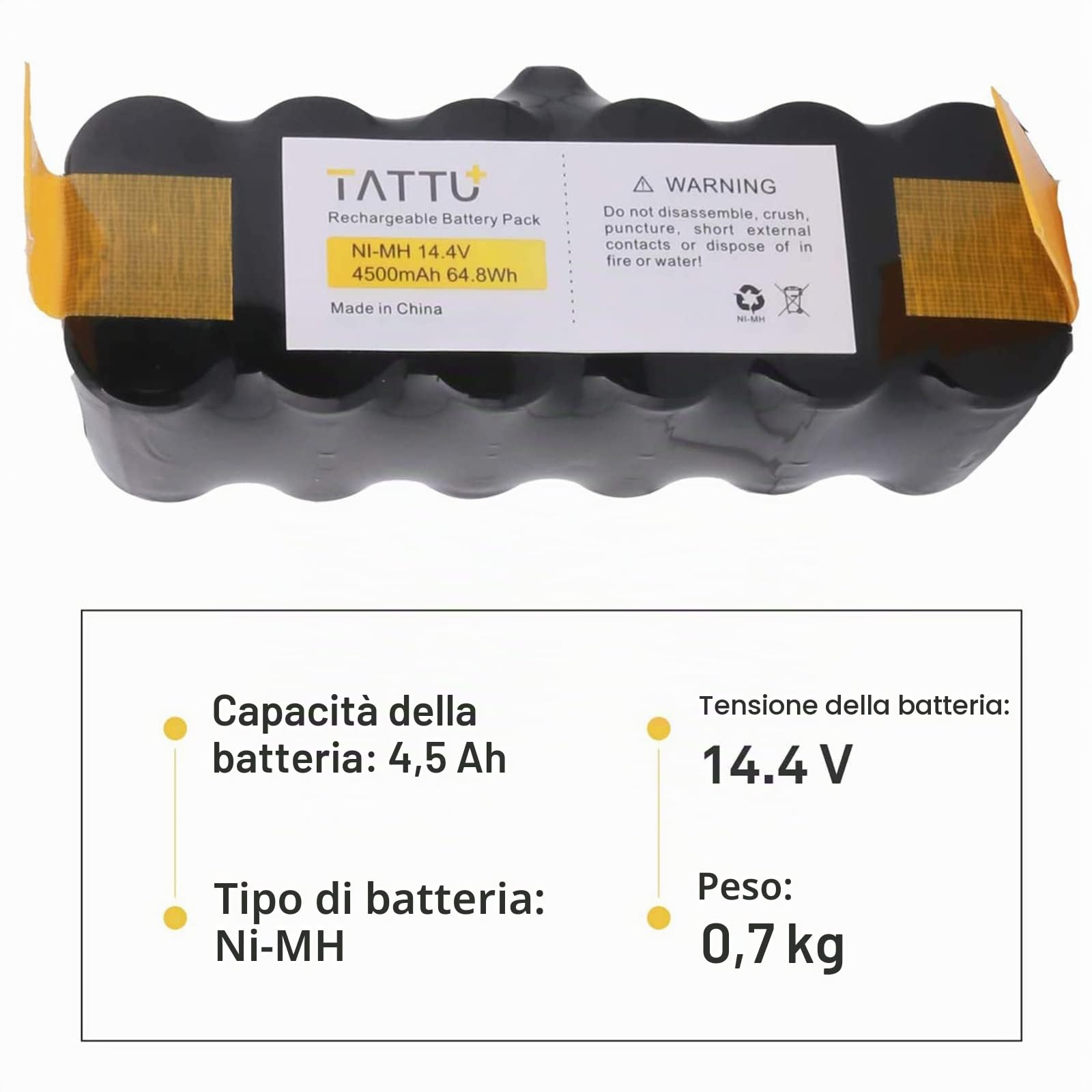 TATTU Batteria di ricambio compatibile con iRobot Roomba 4500mAh 14,4V Batteria NiMH compatibile con aspirapolvere iRobot Roomba Serie 500, 600, 700, 800, R3, 80501, 4419696, Scooba 450