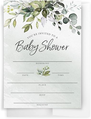 Miniatura 3 de Printed Party Invitaciones y sobres para baby shower, eucalipto verde, juego de 30