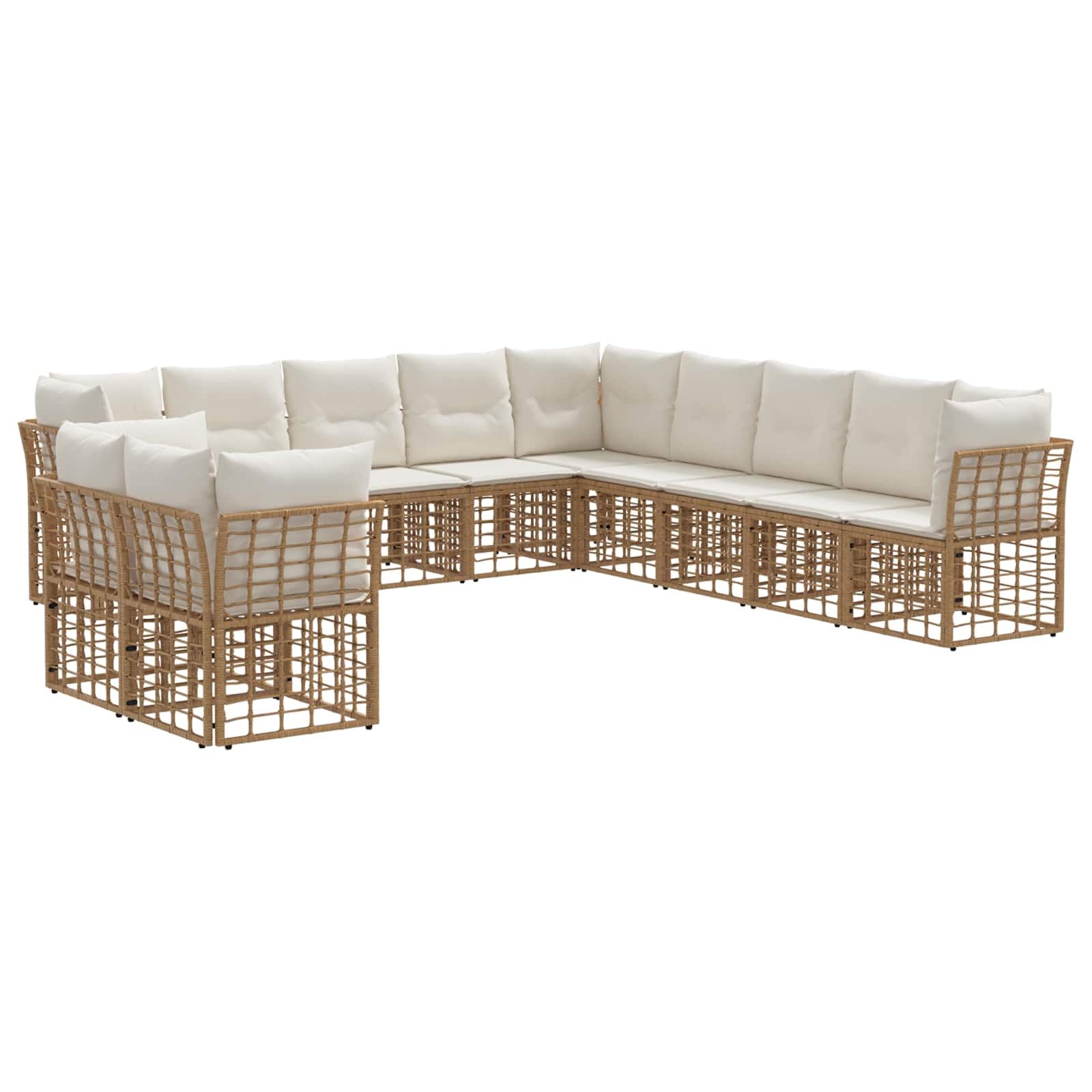 Set divano da esterno in polyrattan, 11 posti, colore naturale | Mobili da giardino modulari in rattan con poggiapiedi regolabili e cuscini per terrazza e giardino.