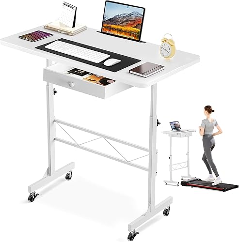 Miniatura 10 de COMHOMA Escritorio pequeño de pie ajustable en altura, escritorio pequeño para computadora portátil, móvil, portátil, mesa rodante para laptop con