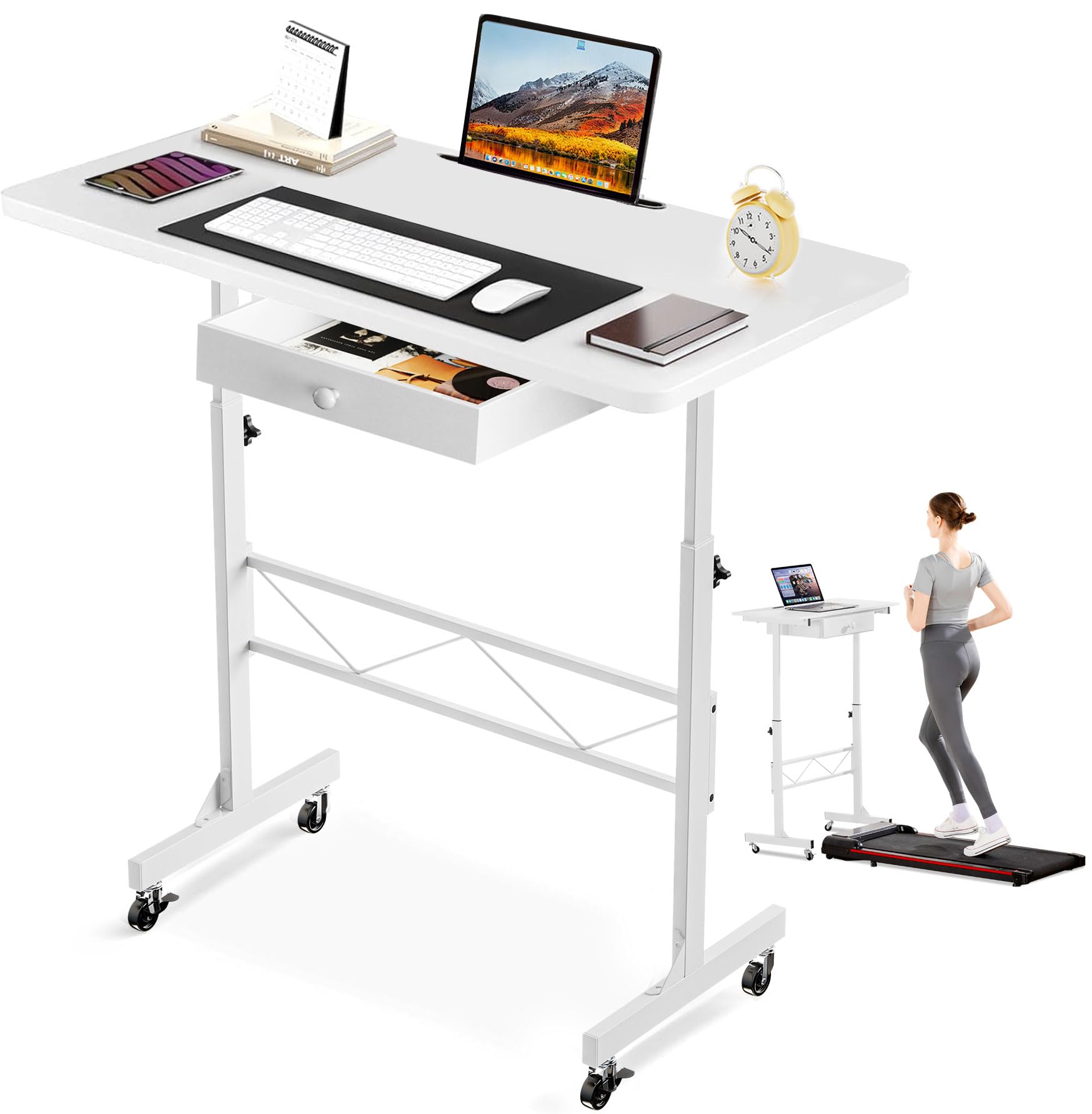 GTRACING Small Standing Desk Adjustable Height Small Computer Desk Mobile Portable Rolling Laptop Table with Wheels 32 Computer