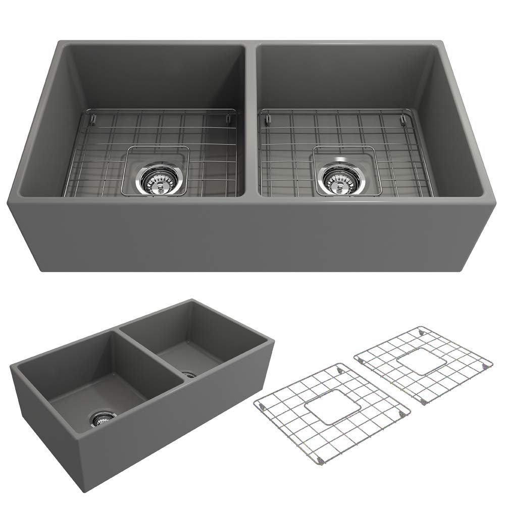 BOCCHIContempo Farmhouse Apron Front Fireclay 36 in. Double Bowl Kitchen Sink with Protective Bottom Grid and Strainer in Matte Gray