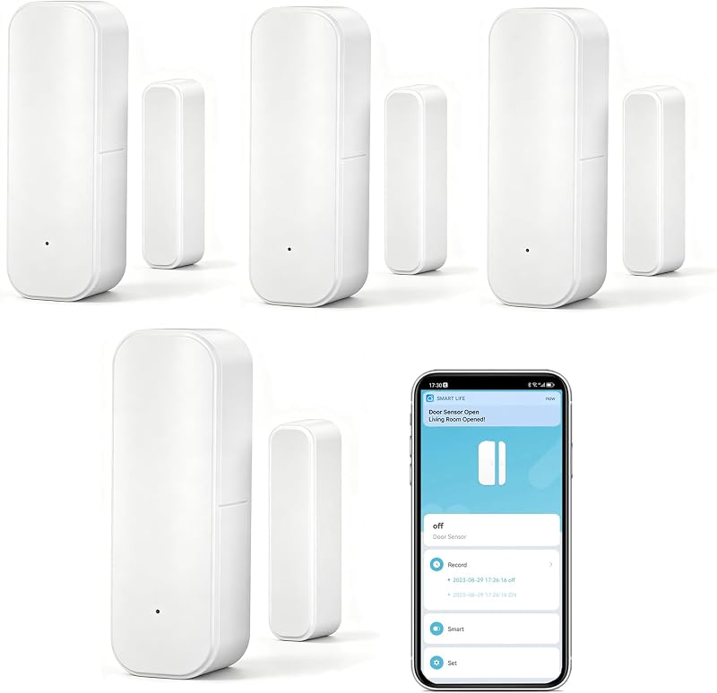 WiFi Door Sensor Window Detector: Smart Window Contact Sensor, Wireless Magnetic Door Open Detector with Free Notification Alerts, Compatible with Alexa Google Assistant (4-Pack)