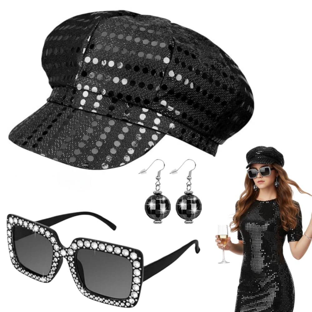 EYWILYWI 3Pcs 70s Disco Costume Set Sequin Glitter Hat, Bling Sunglasses & Earrings,Retro Abba Accessories for Women,Perfect for Theme Parties, Birthday Dances & Disco Fancy Dress (black)