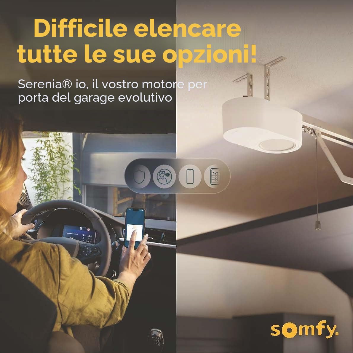 Somfy 1246361 - Serenia®1100 io | Motore per porta di garage di Altezza max. 2,35 m e Larghezza max. 4,5 m | Con 1 Comando a parete e 2 telecomandi Keytis | Compatibile App TaHoma