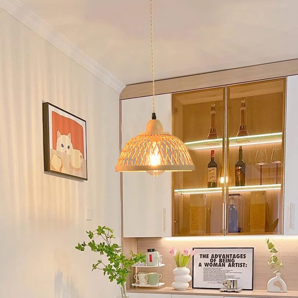 Lustre suspension lumière en bambou et rotin | Éclairage plafonnier rétro réglable E27