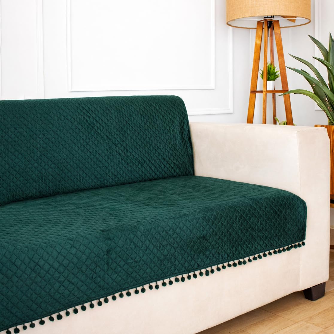 STITCHNEST 'Maison Plush Series' Quilted Velvet Sofa Cover 1 Seater Fully Covered | Premium Soft Fabric, Washable & Fade Resistant | Green Sofa Protector with Pompom | Size 24x60 Inch