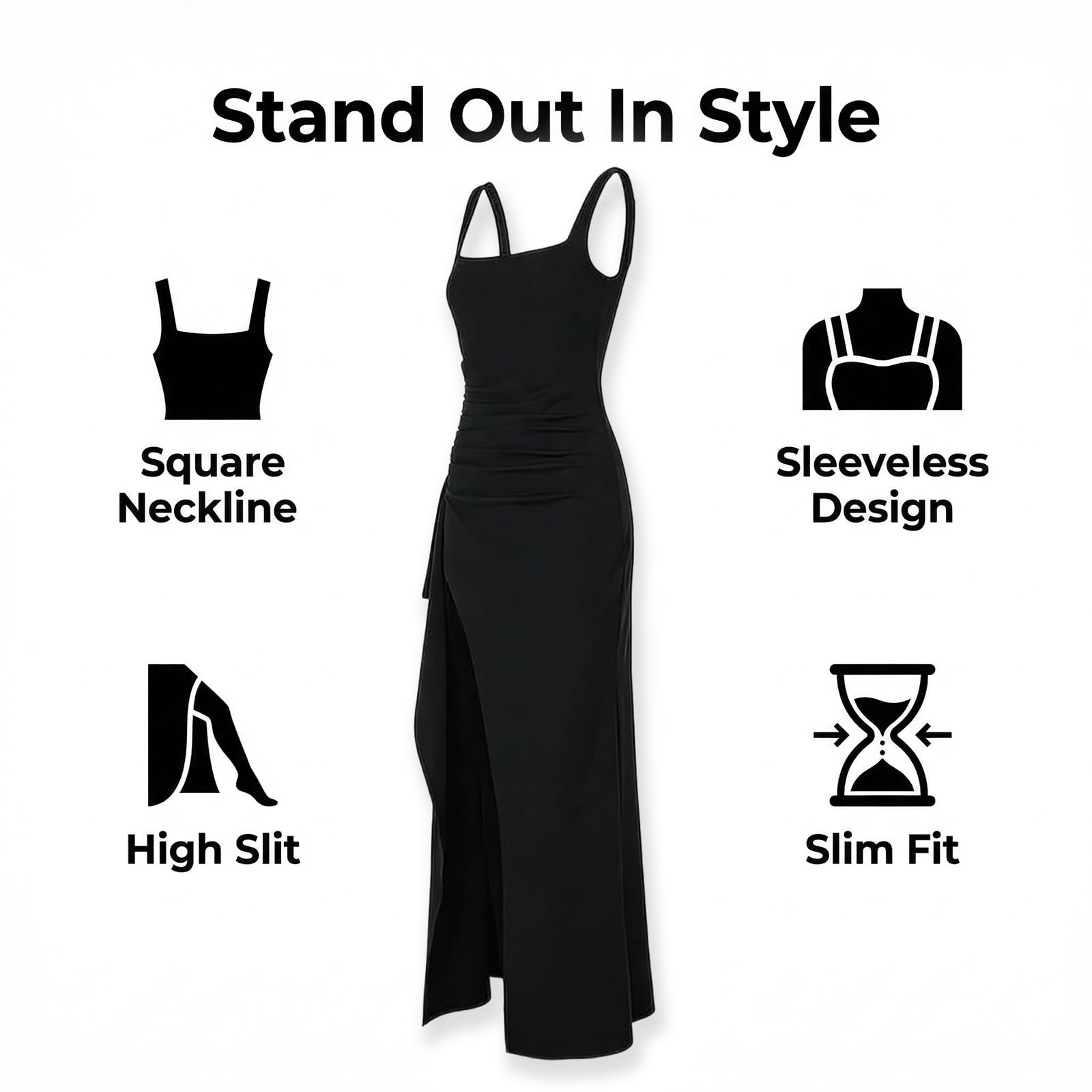 Abito da sera da donna, sexy, lungo, elegante, senza maniche, spaccato, scollo quadrato, estivo, per feste, cocktail party