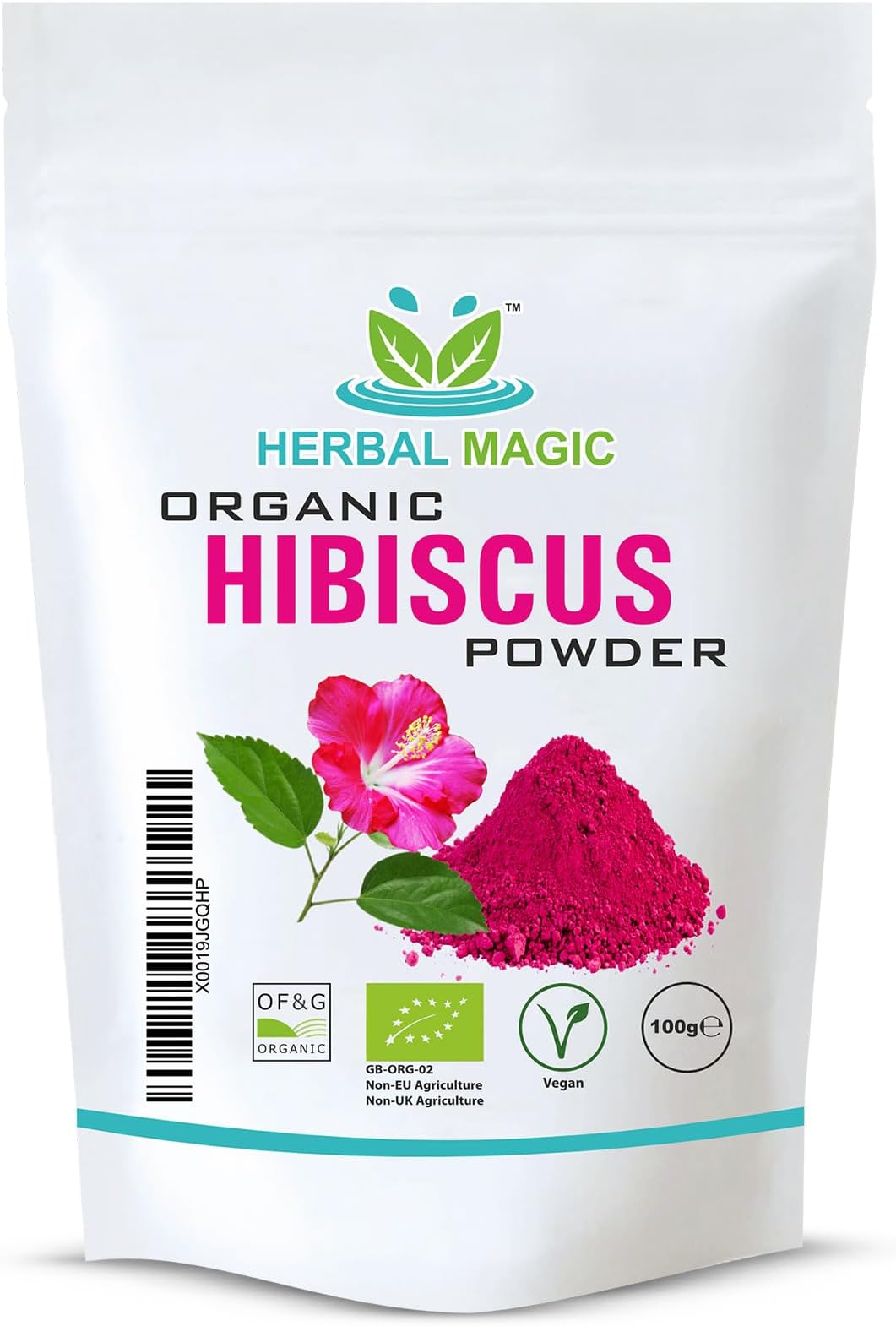 Herbal Magic's Organic Pink Hibiscus Powder - Whole Flower - Natural Face Skin Hair Mask, Sparkle Your Smoothies, Shakes, Baking -of&G UK Organic Certified- Pack 1