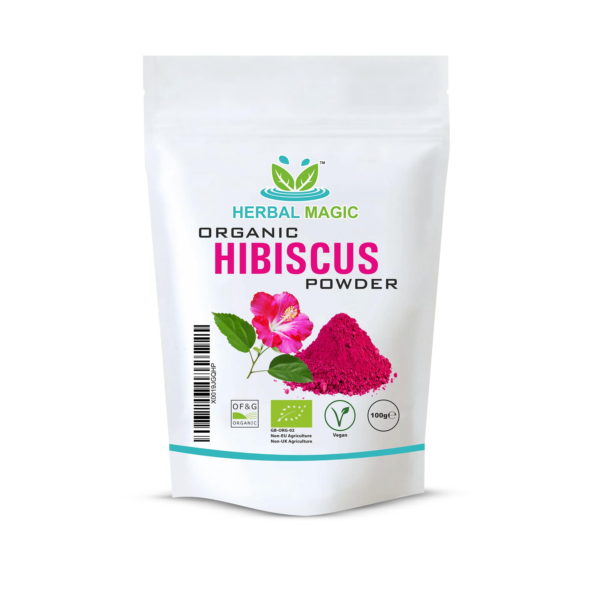 Organic Pink Hibiscus Powder - Whole Flower - Natural Face Skin Hair Mask, Sparkle Your Smoothies, Shakes, Baking -of&G UK Organic Certified- Pack 1