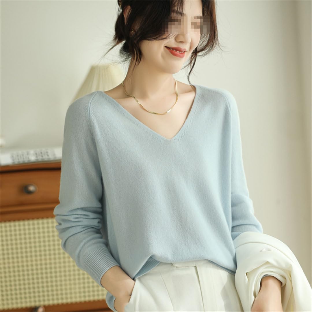 Vogrtcc Pull ample en tricot cachemire à col en V pour femme