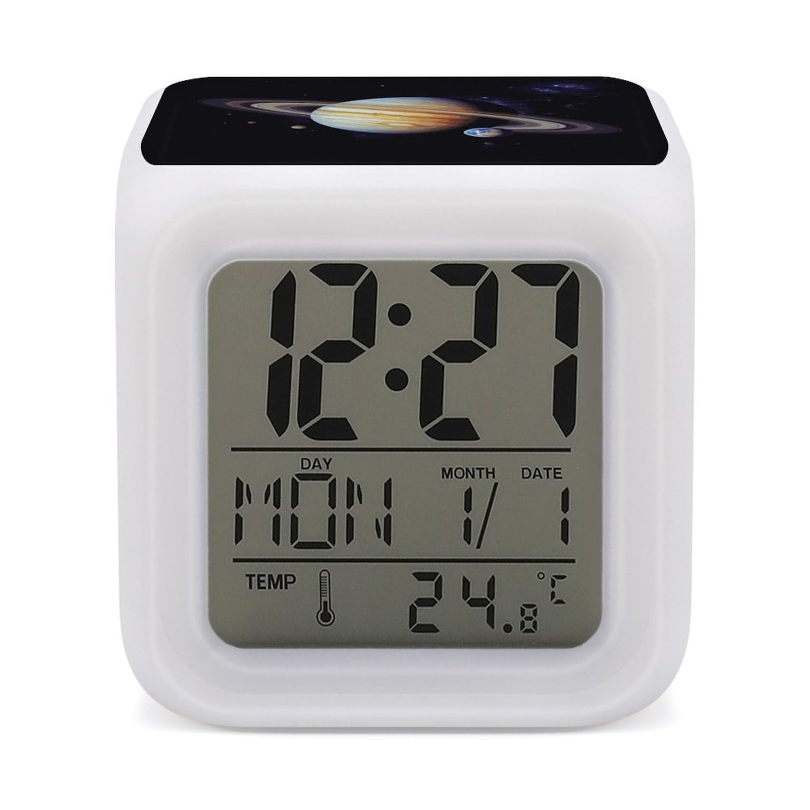 FekiLoot Planet Jupiter Alarm Clock with 7 Color Changing Night Light,Battery Operated Digital Clocks with Temperature Display Tiny Electric Clock LED Sleep Timer for Room Decor
