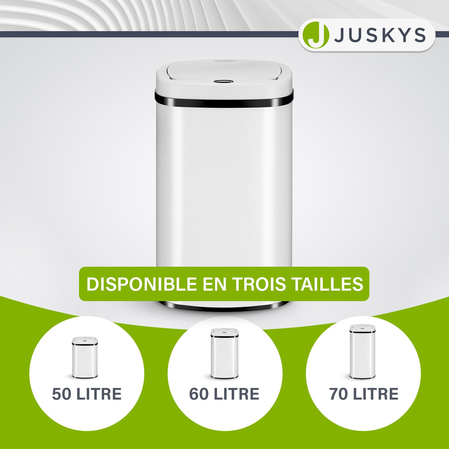 Juskys Poubelle automatique avec capteur de 60 L - poubelle électrique, détecteur de mouvement, couvercle automatique, étanche, rectangulaire, cuisine - blanc