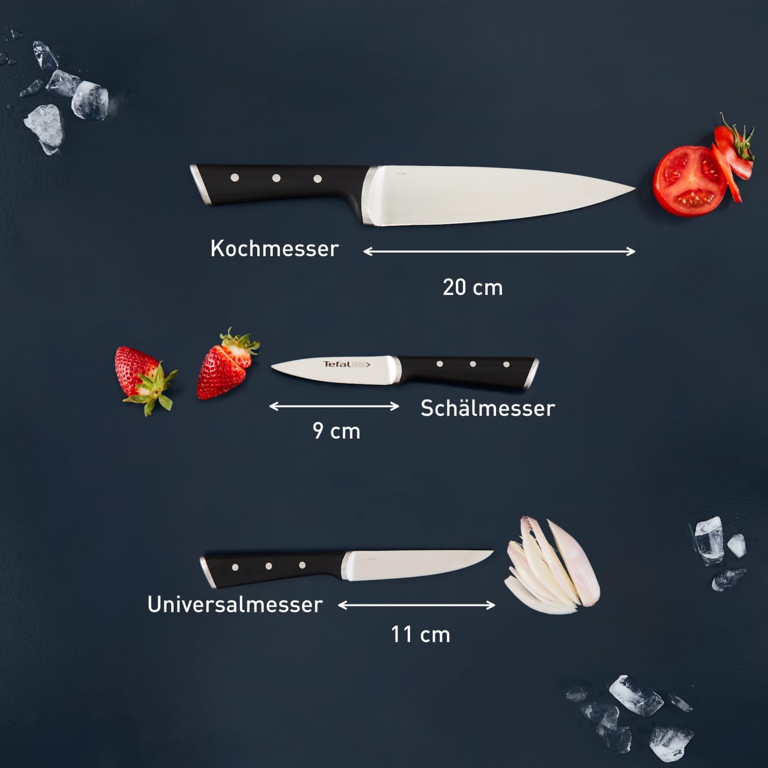 Tefal Ice Force Messerblock aus Holz, 5 Messer, Brotmesser 20 cm, Chefmesser, Santokumesser 18 cm, Gemüsemesser 11 cm, Tranchiermesser 9 cm, Edelstahl, braun/schwarz, K232S5