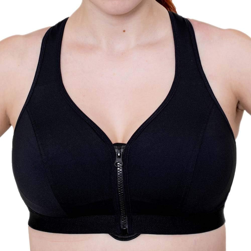 Ladies Black Zip Front Fastening Sports Bra High Impact Non Wired Active Gym