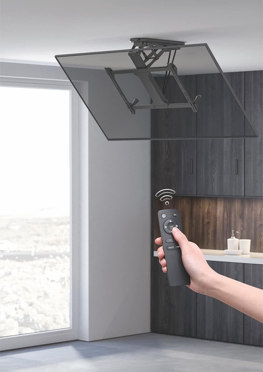mywall HL44ML - Soporte de Techo Plegable y motorizado para televisores de 32" a 70" (81-176 cm), Carga de hasta 35 kg, con Mando a Distancia, con función Smart Home