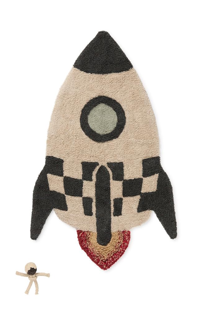 Lorena Canals Affombra Infantil Lavable de algodón Cohete 85 x 135 cm, Beige, Negro, Multicolor - Alfombra Algodon Lavable Salon - Alfombra Bebe habitacion - Alfombra Infantil habitacion pequeña