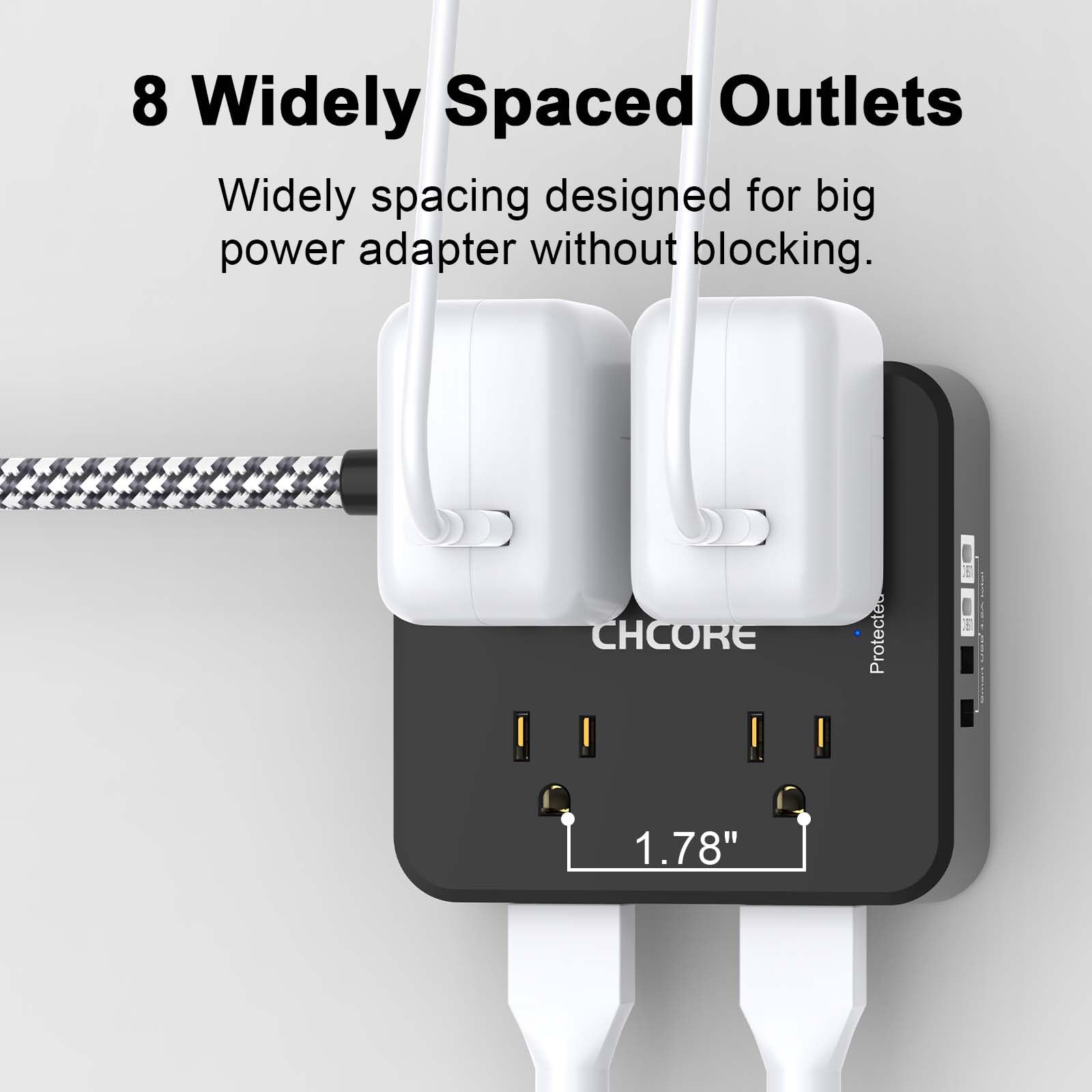 CHCORE 3M geflochtenes Verlängerungskabel mit 8 Steckdosen mit 4 USB-Ladeanschlüssen (2 USB C) Flachstecker Mehrfachstecker Verlängerungskabel Ladestation für Home Office