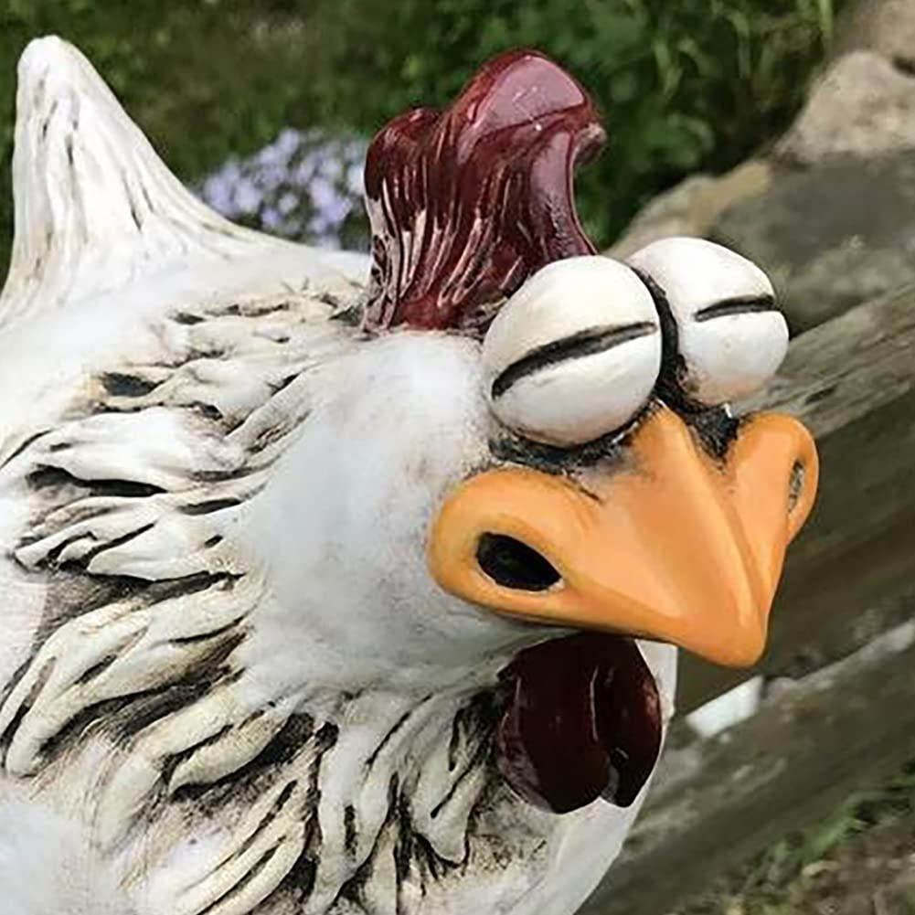Azazaza Funny Face Chicken Fence Ornament, 14CM Resin Craft Chicken Figurine Statue, Rooster Farm Yard Art Sculptures Decor, Garden Ornaments Outdoor for Backyard Patio (A)