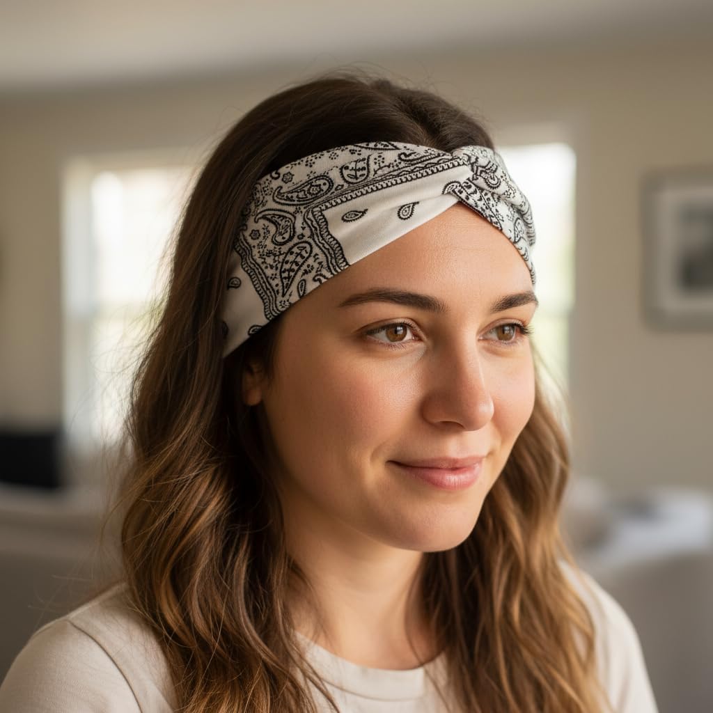 Future Tabs Bandana Knot Headband - Paisley Print Head Hair Wrap Cloth for Men & Women | Stretchable & Comfortable Headbands for Yoga, Jogging and Gym - White
