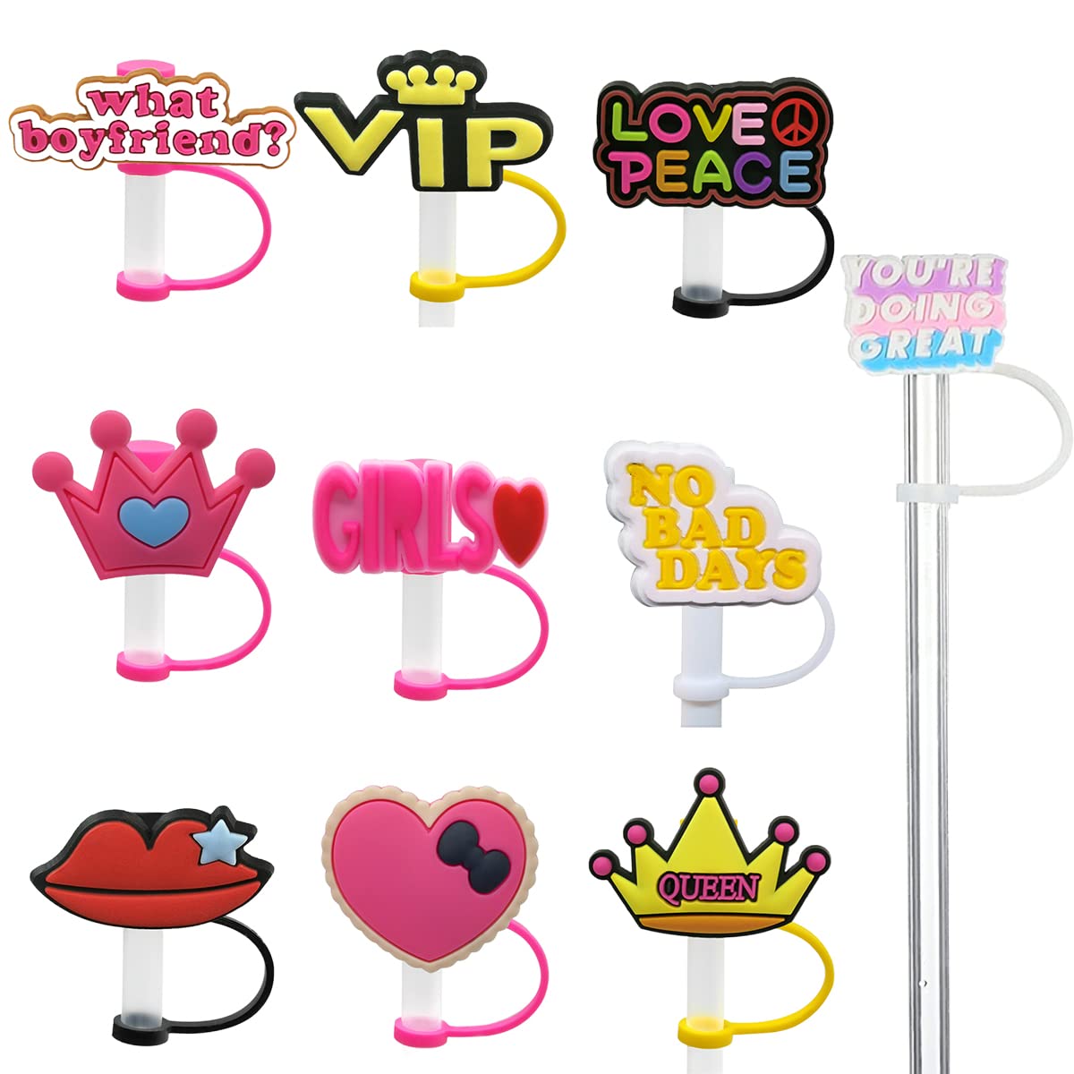 YDQUANI 10 Pack Cute Silicone Straw Covers, Reusable Drinking Straw Caps Lids Dust-Proof Straw Plugs for 6-8 mm Straw Tips (Word Straw Cover)