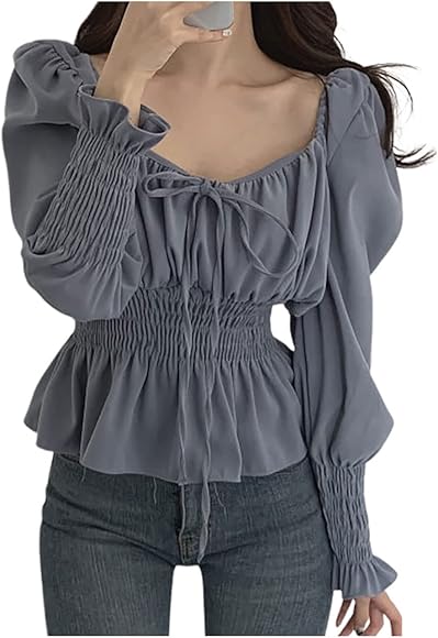 Amazon | ［エムエルーセ］ シャーリングブラウス リボン トップス