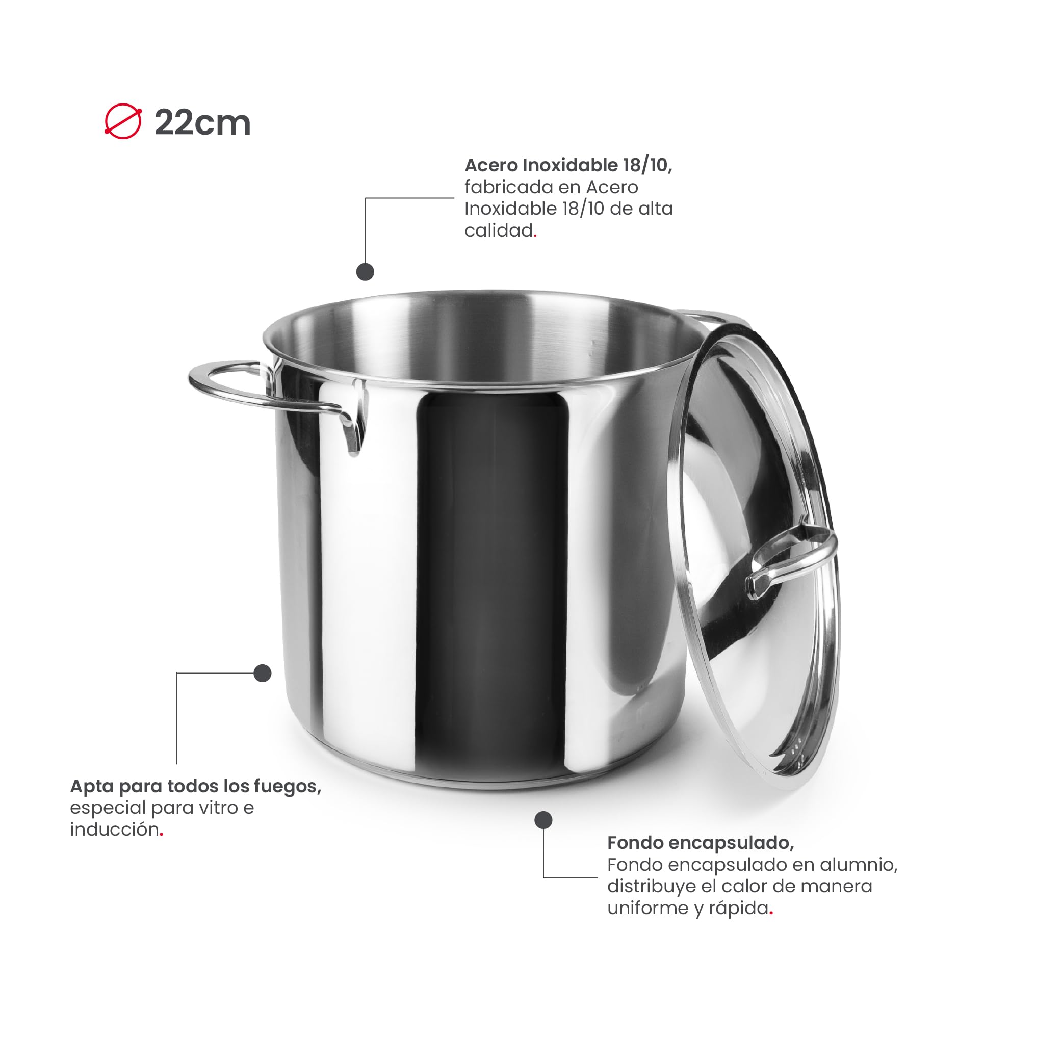 IBILI - Olla super alta con tapa noah, 22 cms, Acero inoxidable 18/10, Apta para induccion