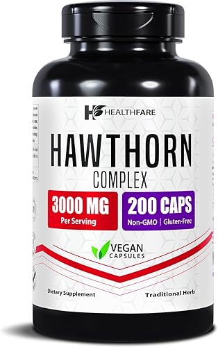 Healthfare Extracto de suplemento de bayas de espino de 3000 mg  Fórmula herbaria extra fuerte  200 cápsulas veganas  Apoya la salud cardíaca y