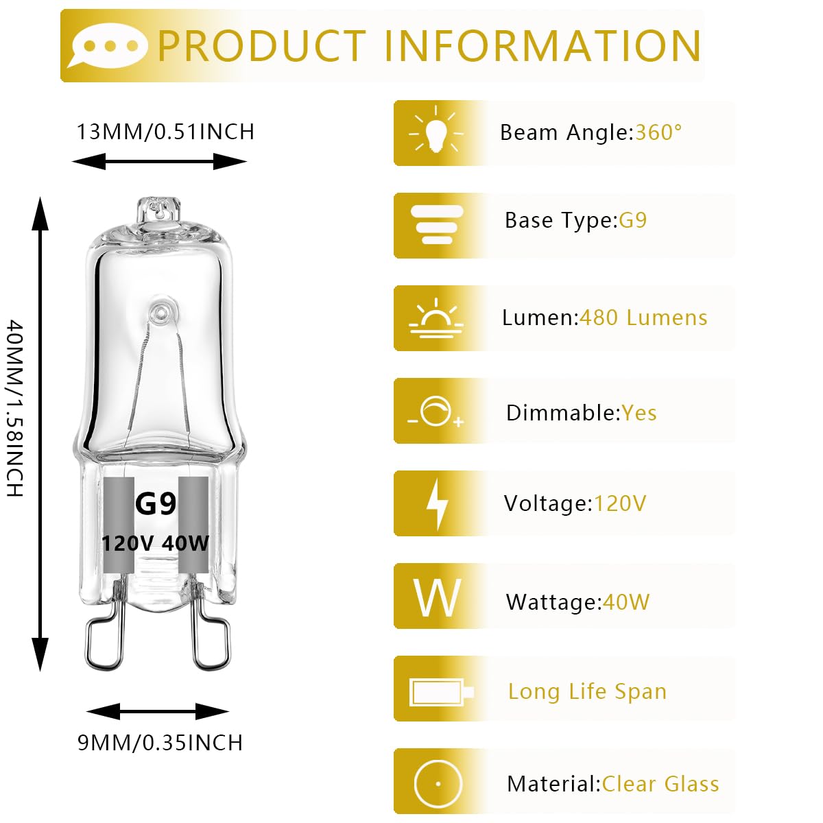 G9 Halogen Bulb 120 V 40 W T4 Tipo 2 Pin Base Light Bulb Reemplazo Regulable Blanco (10 Pack)