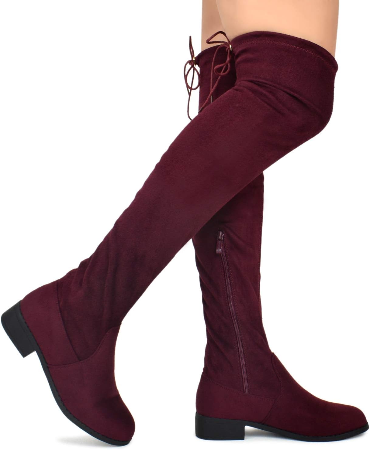 Premier Standard - Women's Fashion Comfy Vegan Suede Block Heel Side Zipper Back Lace Thigh High Over The Knee Boots