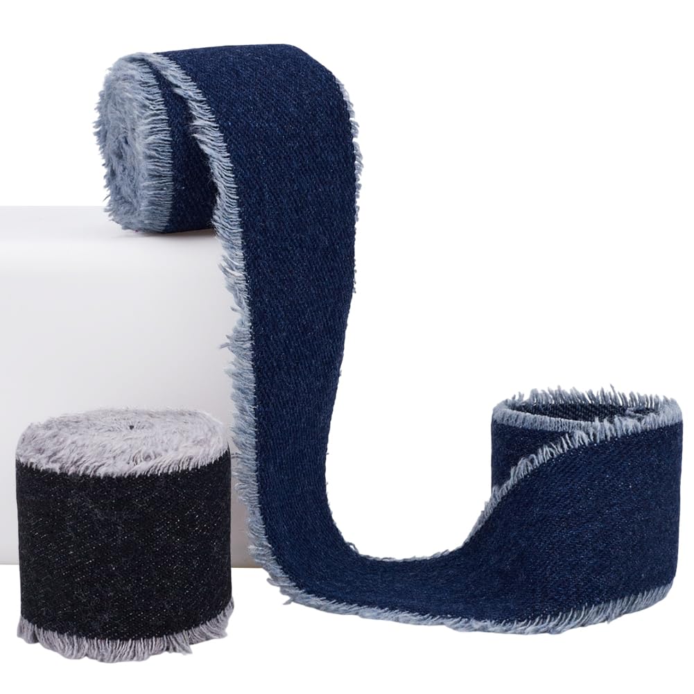 CABODYALS 2 Colors 1.77 Inch Blue Denim Ribbon Vintage Black Frayed Raw Edge Fabric Trim Handmade Rustic Wired Fringe Jeans Ribbons Roll for Sewing Making Craft Gift Wrapping Birthday Diy Accessories