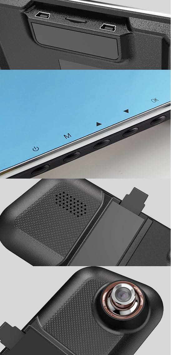 Detailed view of the ports and buttons on the KDLINKS R100 dash cam, including USB, SD card slot, and control buttons.